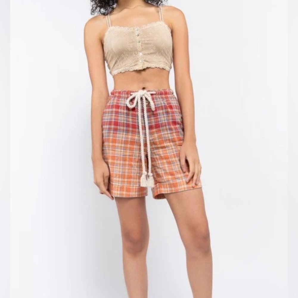 POL Beach Daze Plaid Bermuda Shorts Small Drawstring Red, Orange, Blue & White